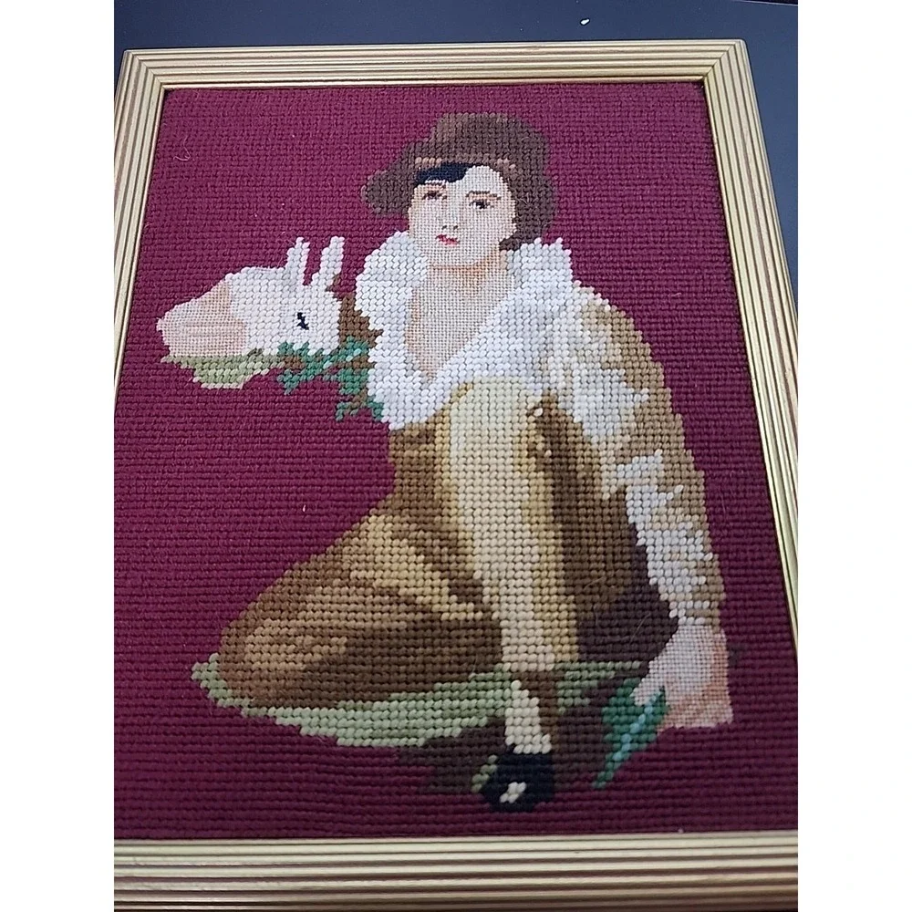 Vtg Antique Needle Point Tapestry Woman Holding A Bunny 10 x 12 Gold Frame 1950s
